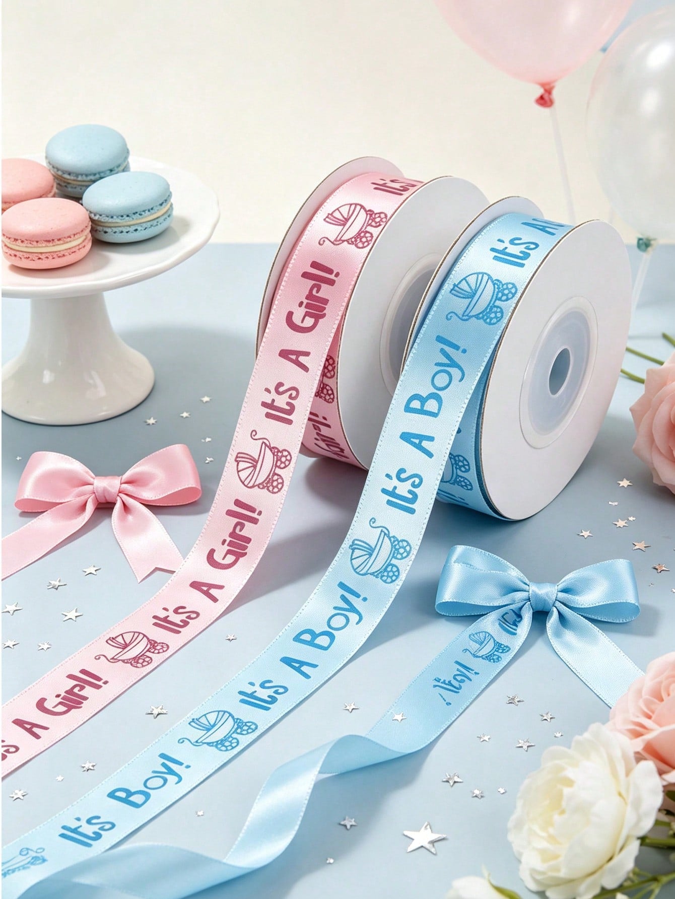 2/1 Roll, Satin Ribbon (9m/Roll), Suitable For DIY Rose Decoration, Gift Wrapping- Baby Shower Bows, Gift Box Decoration, Gender Reveal Party Supplies, Baby Shower Favor Packaging Ribbon, Party Small
