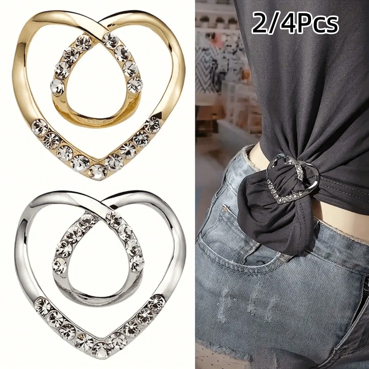 2/4Pcs Elegant Alloy Heart-Shaped Scarf Clip- Dual-Use T-Shirt Hem And Waist Cinch Buckle, Multicolor