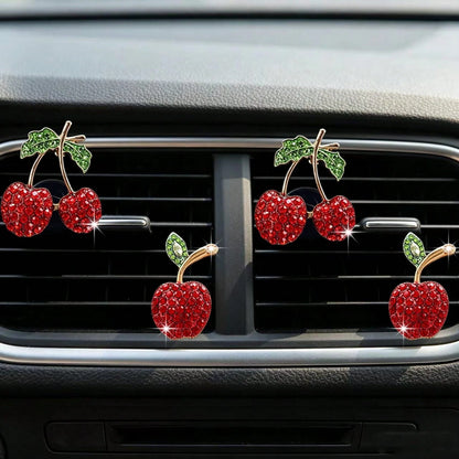 2/4pcs Rhinestone Cherry Apple Car Air Vent Clip Aromatherapy Clip Decor, Full Rhinestone Alloy Fruit Car Interior Decoration, Car Air Freshener, Women's Car Air Conditioner Fragrance Decor