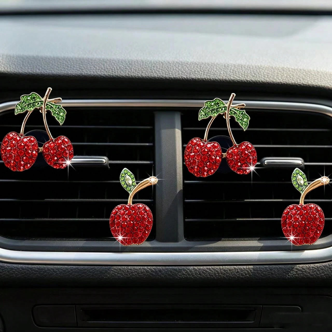 2/4pcs Rhinestone Cherry Apple Car Air Vent Clip Aromatherapy Clip Decor, Full Rhinestone Alloy Fruit Car Interior Decoration, Car Air Freshener, Women's Car Air Conditioner Fragrance Decor