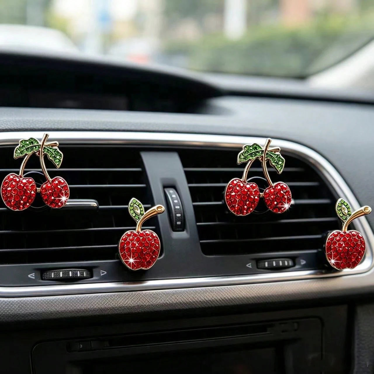 2/4pcs Rhinestone Cherry Apple Car Air Vent Clip Aromatherapy Clip Decor, Full Rhinestone Alloy Fruit Car Interior Decoration, Car Air Freshener, Women's Car Air Conditioner Fragrance Decor