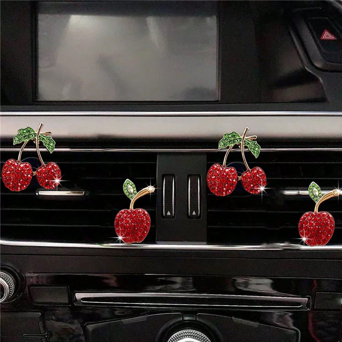 2/4pcs Rhinestone Cherry Apple Car Air Vent Clip Aromatherapy Clip Decor, Full Rhinestone Alloy Fruit Car Interior Decoration, Car Air Freshener, Women's Car Air Conditioner Fragrance Decor