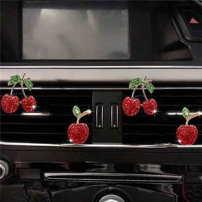 2/4pcs Rhinestone Cherry Apple Car Air Vent Clip Aromatherapy Clip Decor, Full Rhinestone Alloy Fruit Car Interior Decoration, Car Air Freshener, Women's Car Air Conditioner Fragrance Decor