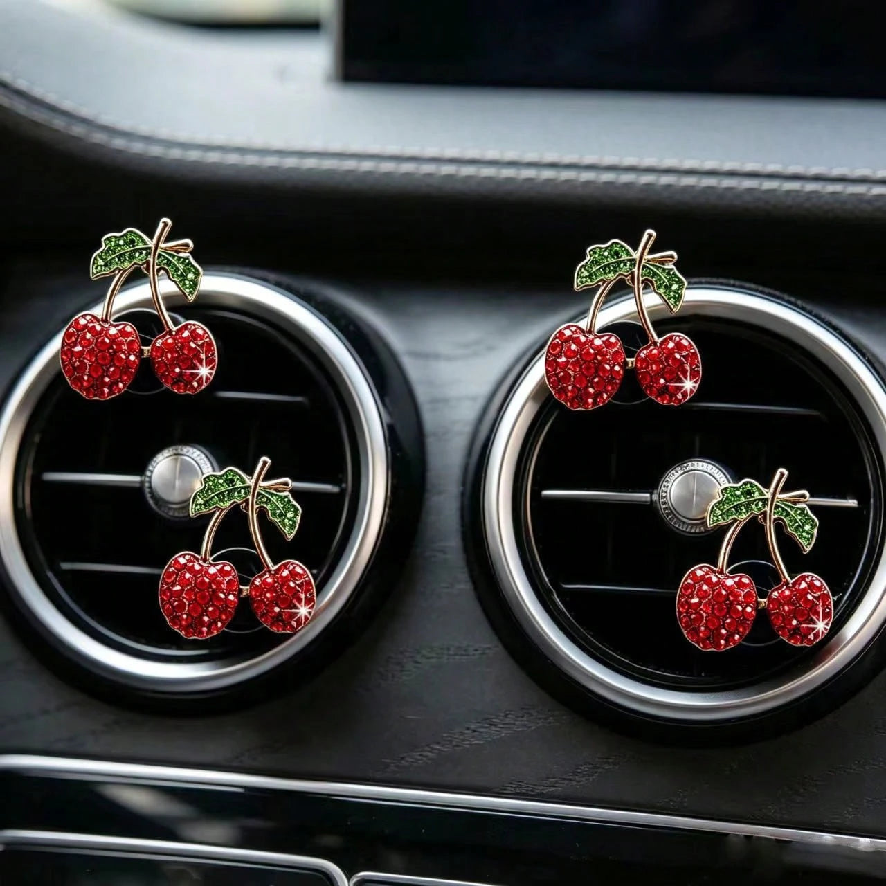 2/4pcs Rhinestone Cherry Apple Car Air Vent Clip Aromatherapy Clip Decor, Full Rhinestone Alloy Fruit Car Interior Decoration, Car Air Freshener, Women's Car Air Conditioner Fragrance Decor