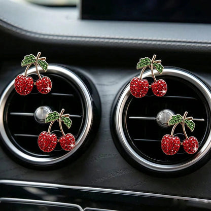 2/4pcs Rhinestone Cherry Apple Car Air Vent Clip Aromatherapy Clip Decor, Full Rhinestone Alloy Fruit Car Interior Decoration, Car Air Freshener, Women's Car Air Conditioner Fragrance Decor