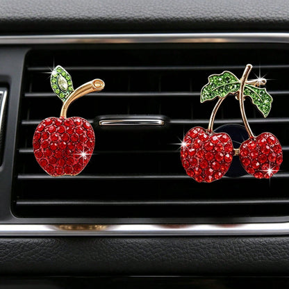 2/4pcs Rhinestone Cherry Apple Car Air Vent Clip Aromatherapy Clip Decor, Full Rhinestone Alloy Fruit Car Interior Decoration, Car Air Freshener, Women's Car Air Conditioner Fragrance Decor