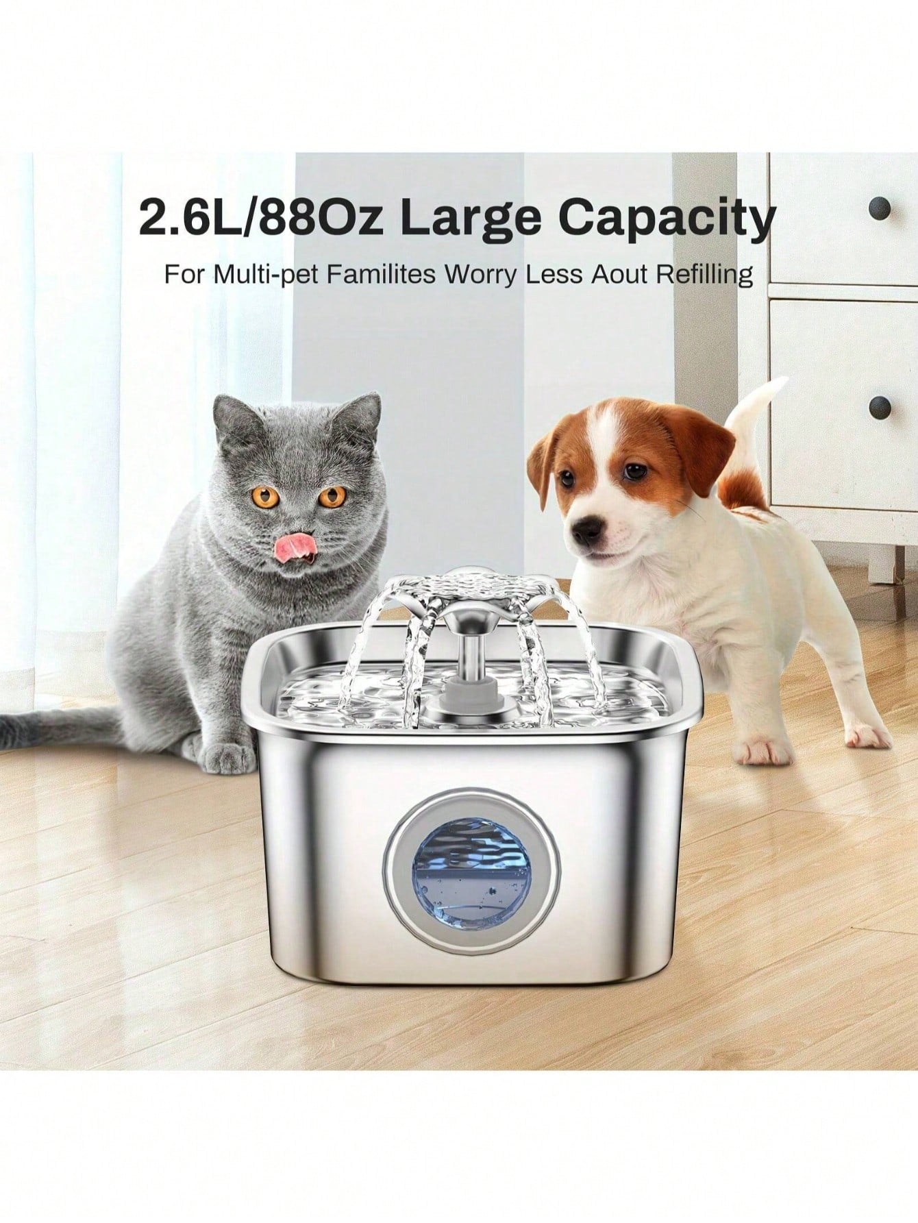 2.6L/88oz Stainless Steel Super Quiet Pet Water Dispenser With USB Power, Automatic Circulation Flow And Clear Water Level Window, Suitable For Cats And Dogs