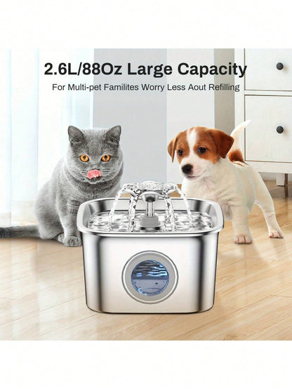 2.6L/88oz Stainless Steel Super Quiet Pet Water Dispenser With USB Power, Automatic Circulation Flow And Clear Water Level Window, Suitable For Cats And Dogs