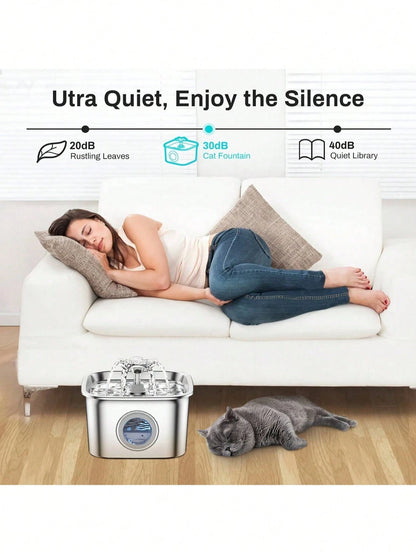 2.6L/88oz Stainless Steel Super Quiet Pet Water Dispenser With USB Power, Automatic Circulation Flow And Clear Water Level Window, Suitable For Cats And Dogs