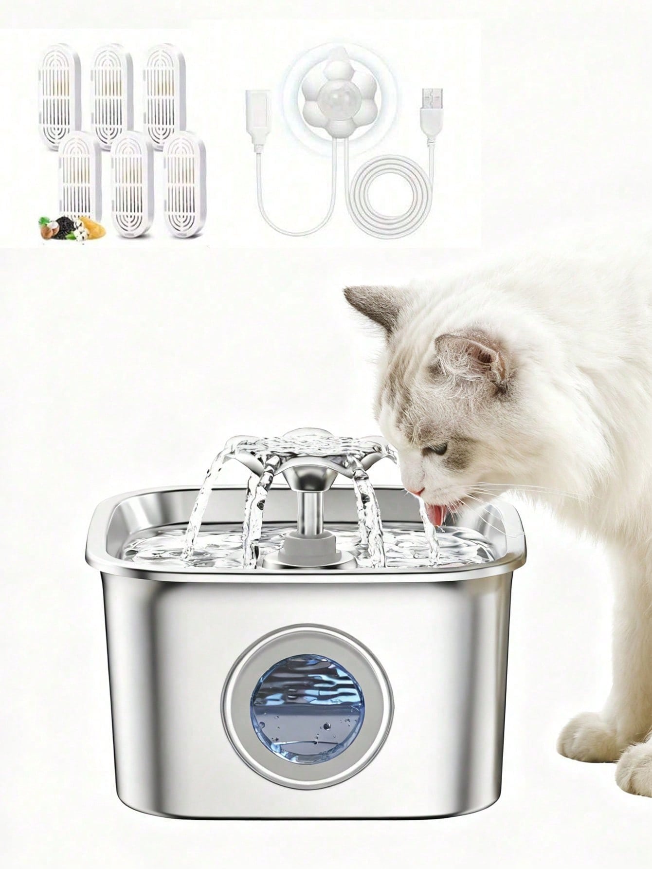 2.6L/88oz Stainless Steel Super Quiet Pet Water Dispenser With USB Power, Automatic Circulation Flow And Clear Water Level Window, Suitable For Cats And Dogs