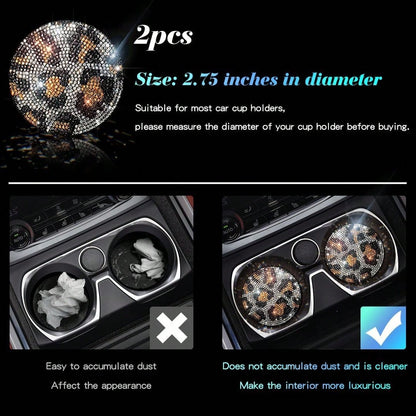 2.75" Shiny Leopard Print Rhinestone Car Cup Holder Mat, Women's Car Drink Coaster