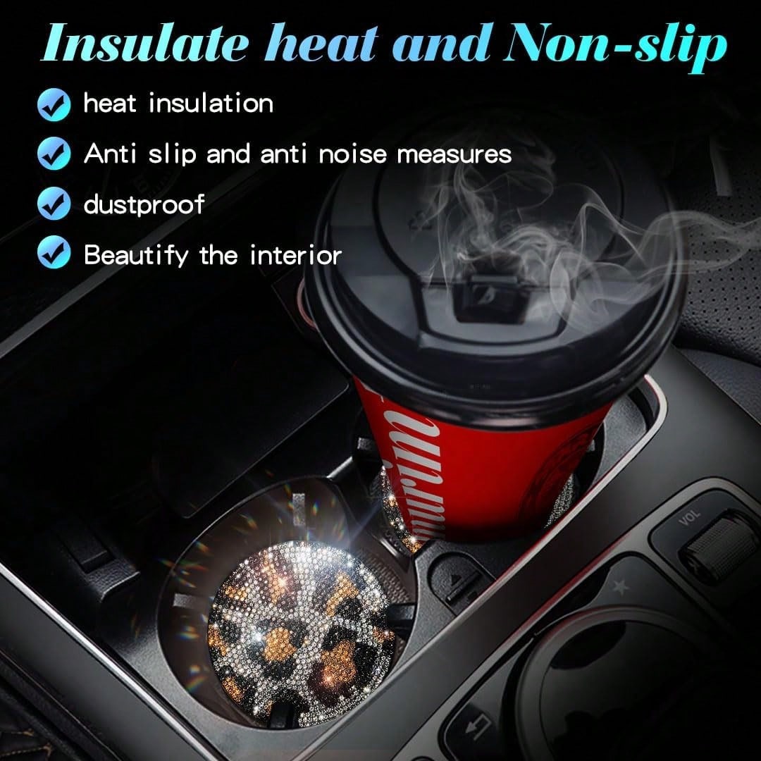 2.75" Shiny Leopard Print Rhinestone Car Cup Holder Mat, Women's Car Drink Coaster
