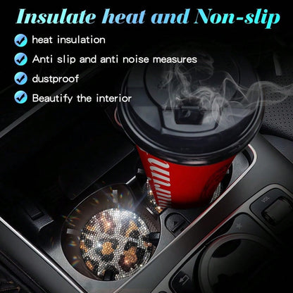 2.75" Shiny Leopard Print Rhinestone Car Cup Holder Mat, Women's Car Drink Coaster