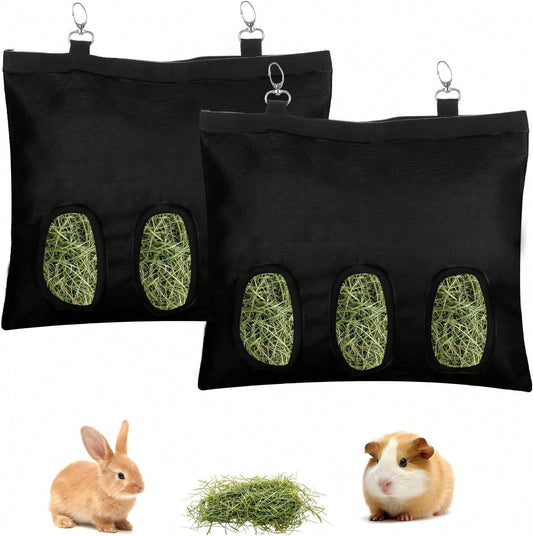 2 Pcs Rabbit Hay Feeder,Guinea Pig Hay Feeder,13*10.8 Inch Guinea Pig Bag,Small Animal Feeding Bag For Rabbits, Hamsters, Hedgehogs (3 Holes,Black)