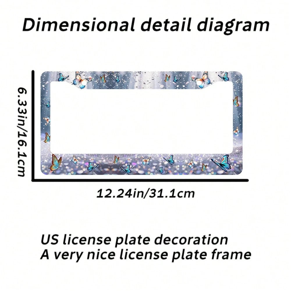 2-Piece Butterfly Aluminum License Plate Frame, 12x6inch, Universal Fit, Decorative Stainless Steel License Plate Holder, With Screws, Blue Design, American Vehicle Accessories