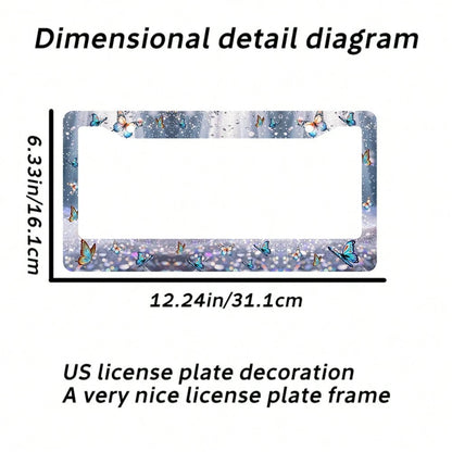 2-Piece Butterfly Aluminum License Plate Frame, 12x6inch, Universal Fit, Decorative Stainless Steel License Plate Holder, With Screws, Blue Design, American Vehicle Accessories