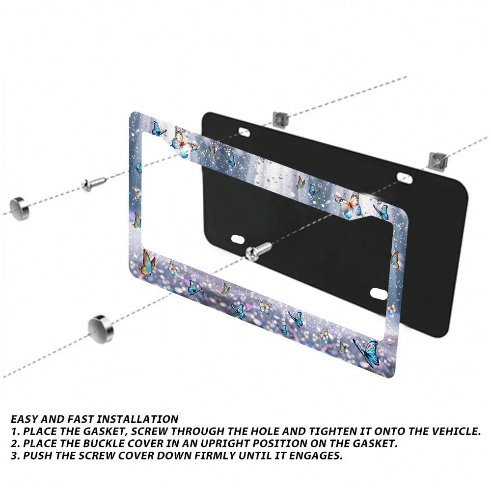 2-Piece Butterfly Aluminum License Plate Frame, 12x6inch, Universal Fit, Decorative Stainless Steel License Plate Holder, With Screws, Blue Design, American Vehicle Accessories