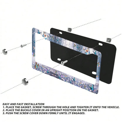 2-Piece Butterfly Aluminum License Plate Frame, 12x6inch, Universal Fit, Decorative Stainless Steel License Plate Holder, With Screws, Blue Design, American Vehicle Accessories