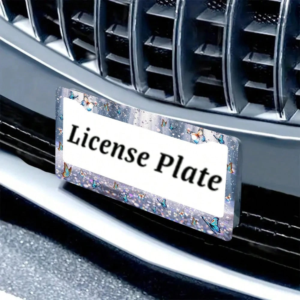 2-Piece Butterfly Aluminum License Plate Frame, 12x6inch, Universal Fit, Decorative Stainless Steel License Plate Holder, With Screws, Blue Design, American Vehicle Accessories