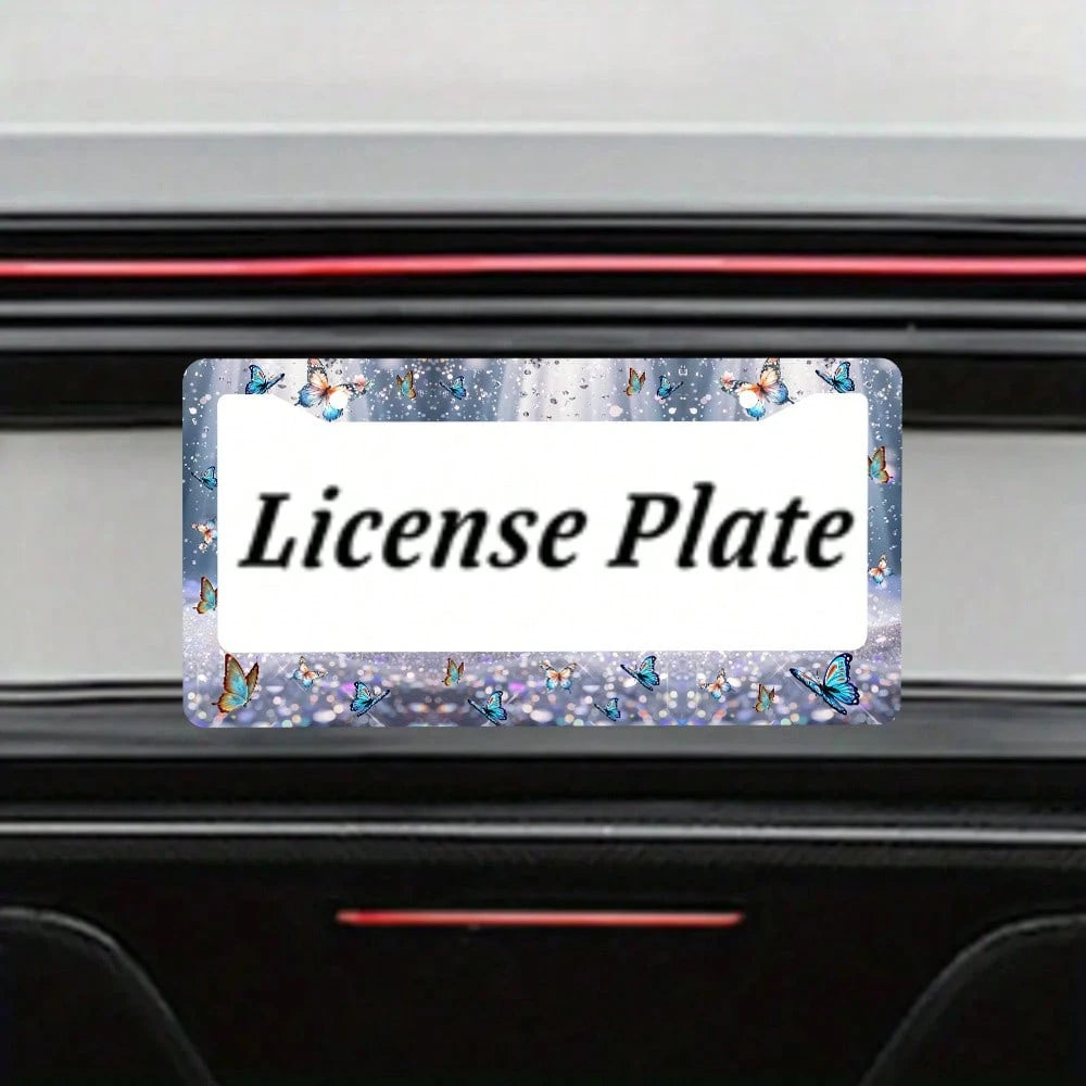 2-Piece Butterfly Aluminum License Plate Frame, 12x6inch, Universal Fit, Decorative Stainless Steel License Plate Holder, With Screws, Blue Design, American Vehicle Accessories