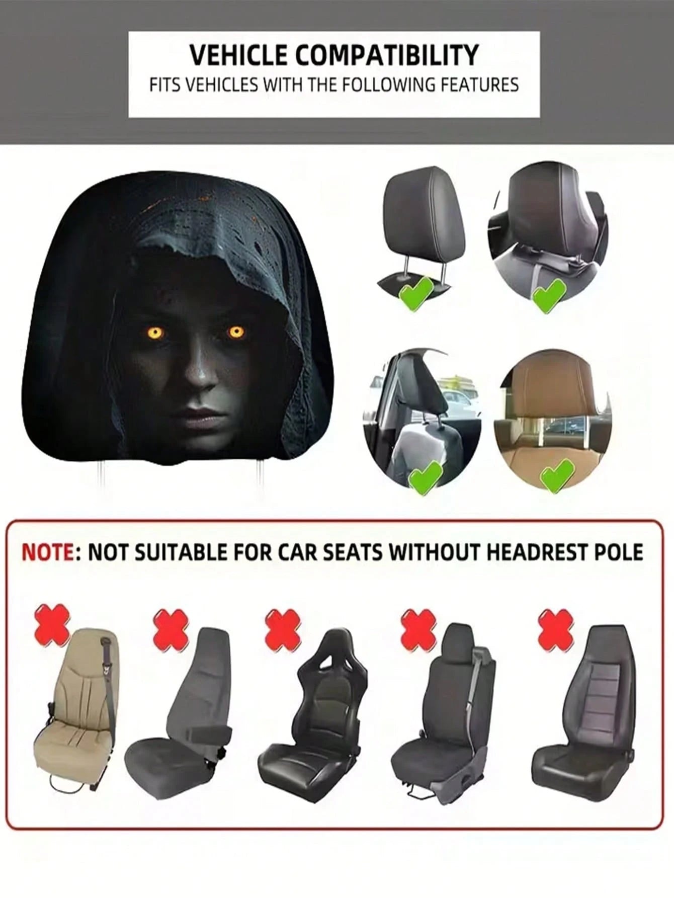 2 Pieces Modern Style Hooded Eye-Catching Mysterious Woman Pattern Car Headrest Cover, Upgrades Interior Decoration, Showcases Unique Charm, Elastic Design, Easy Installation Suitable For All Models