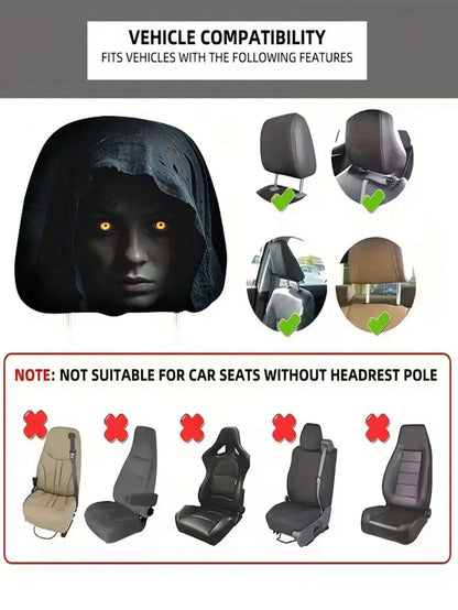 2 Pieces Modern Style Hooded Eye-Catching Mysterious Woman Pattern Car Headrest Cover, Upgrades Interior Decoration, Showcases Unique Charm, Elastic Design, Easy Installation Suitable For All Models