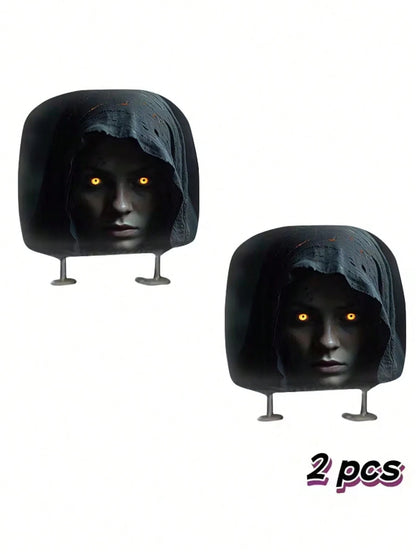 2 Pieces Modern Style Hooded Eye-Catching Mysterious Woman Pattern Car Headrest Cover, Upgrades Interior Decoration, Showcases Unique Charm, Elastic Design, Easy Installation Suitable For All Models