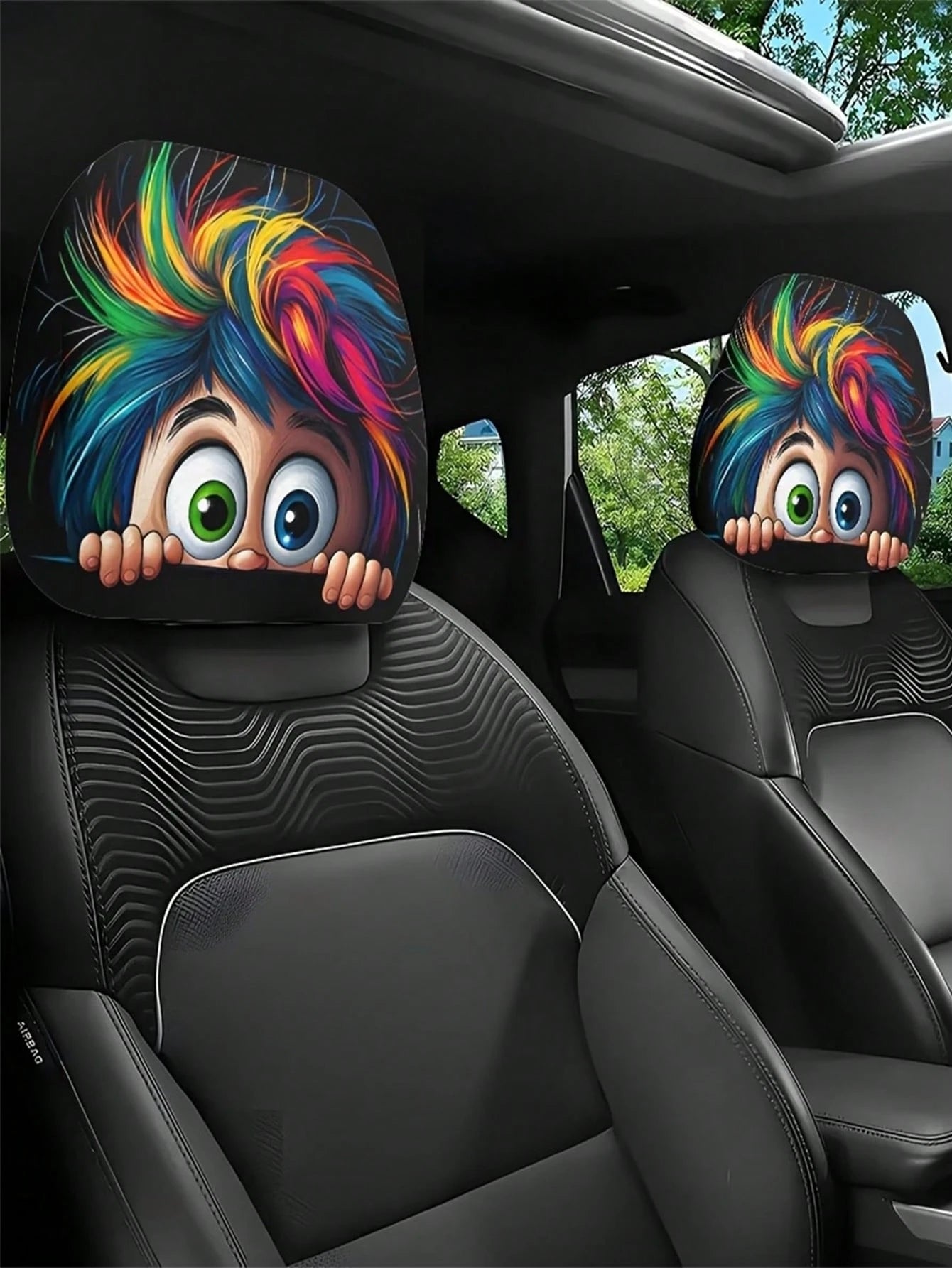 2 Pieces Of Colorful, Spiky, Bigeyedcutepatternedcarheadrestcovers.Theseareinteriordecorations For Cars. They Are Made Of Non-Filled Material And Are Easy To Install And Clean. Suitable For Travel And
