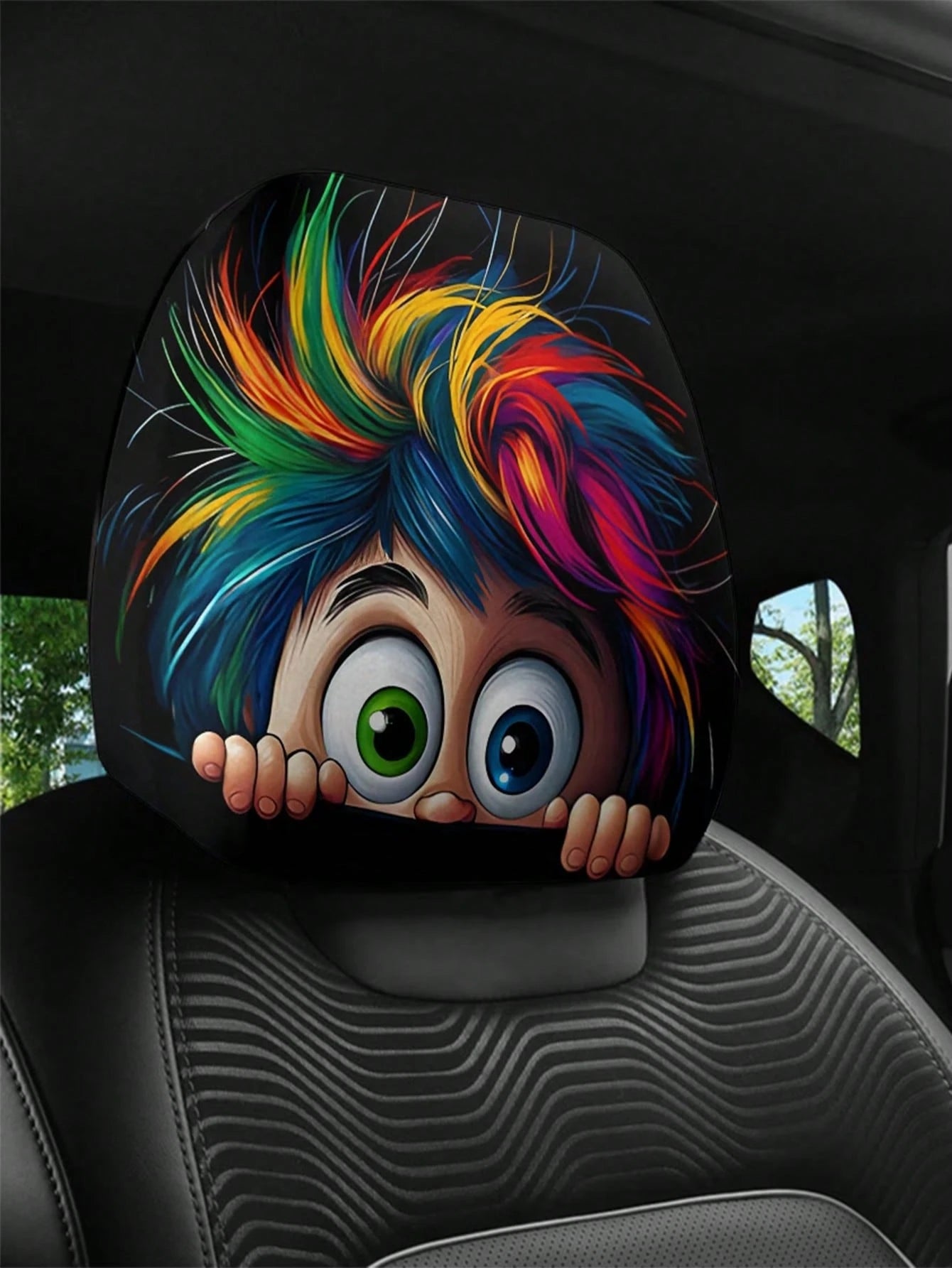 2 Pieces Of Colorful, Spiky, Bigeyedcutepatternedcarheadrestcovers.Theseareinteriordecorations For Cars. They Are Made Of Non-Filled Material And Are Easy To Install And Clean. Suitable For Travel And
