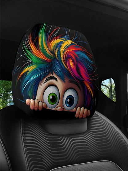 2 Pieces Of Colorful, Spiky, Bigeyedcutepatternedcarheadrestcovers.Theseareinteriordecorations For Cars. They Are Made Of Non-Filled Material And Are Easy To Install And Clean. Suitable For Travel And