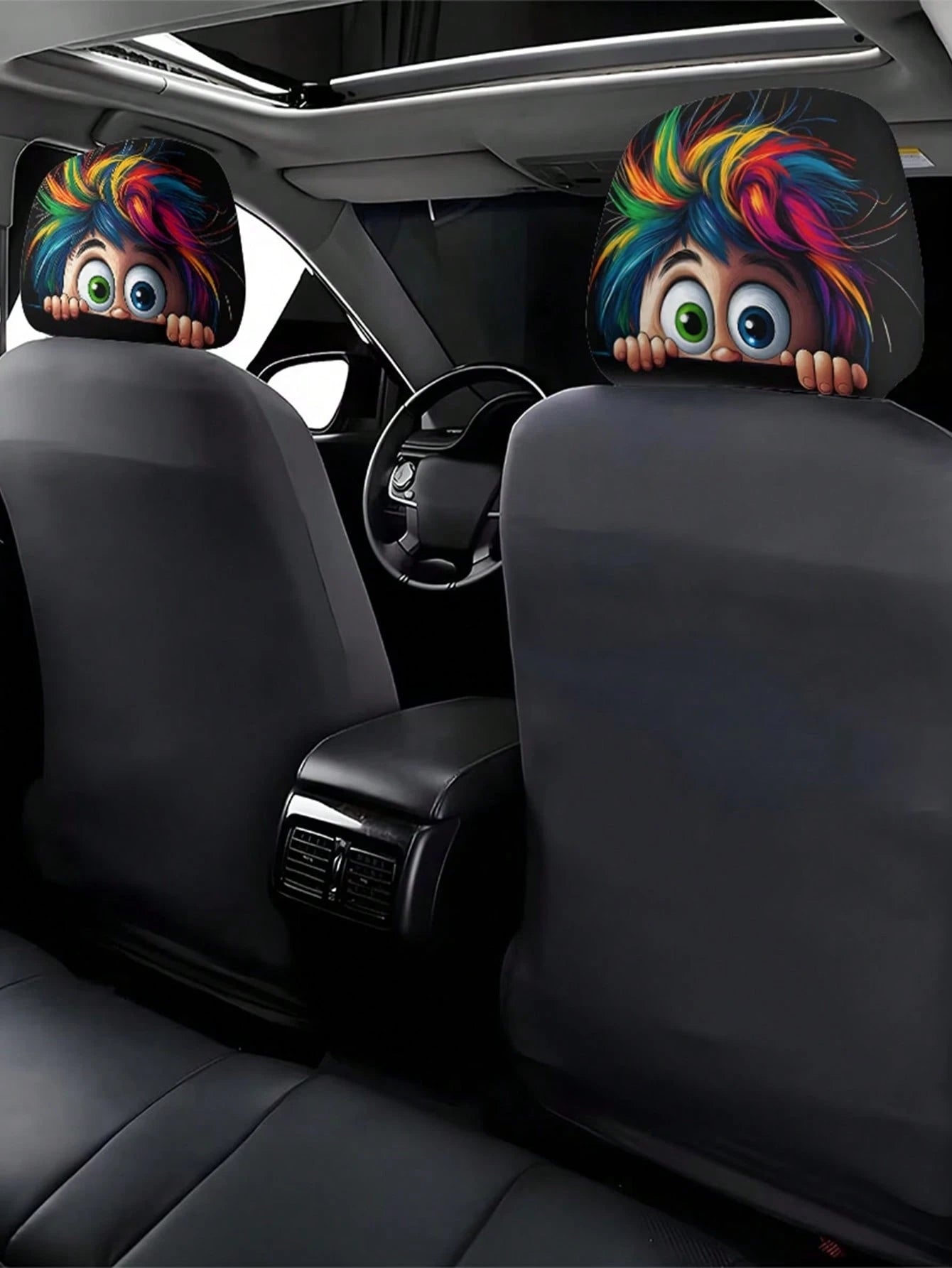 2 Pieces Of Colorful, Spiky, Bigeyedcutepatternedcarheadrestcovers.Theseareinteriordecorations For Cars. They Are Made Of Non-Filled Material And Are Easy To Install And Clean. Suitable For Travel And
