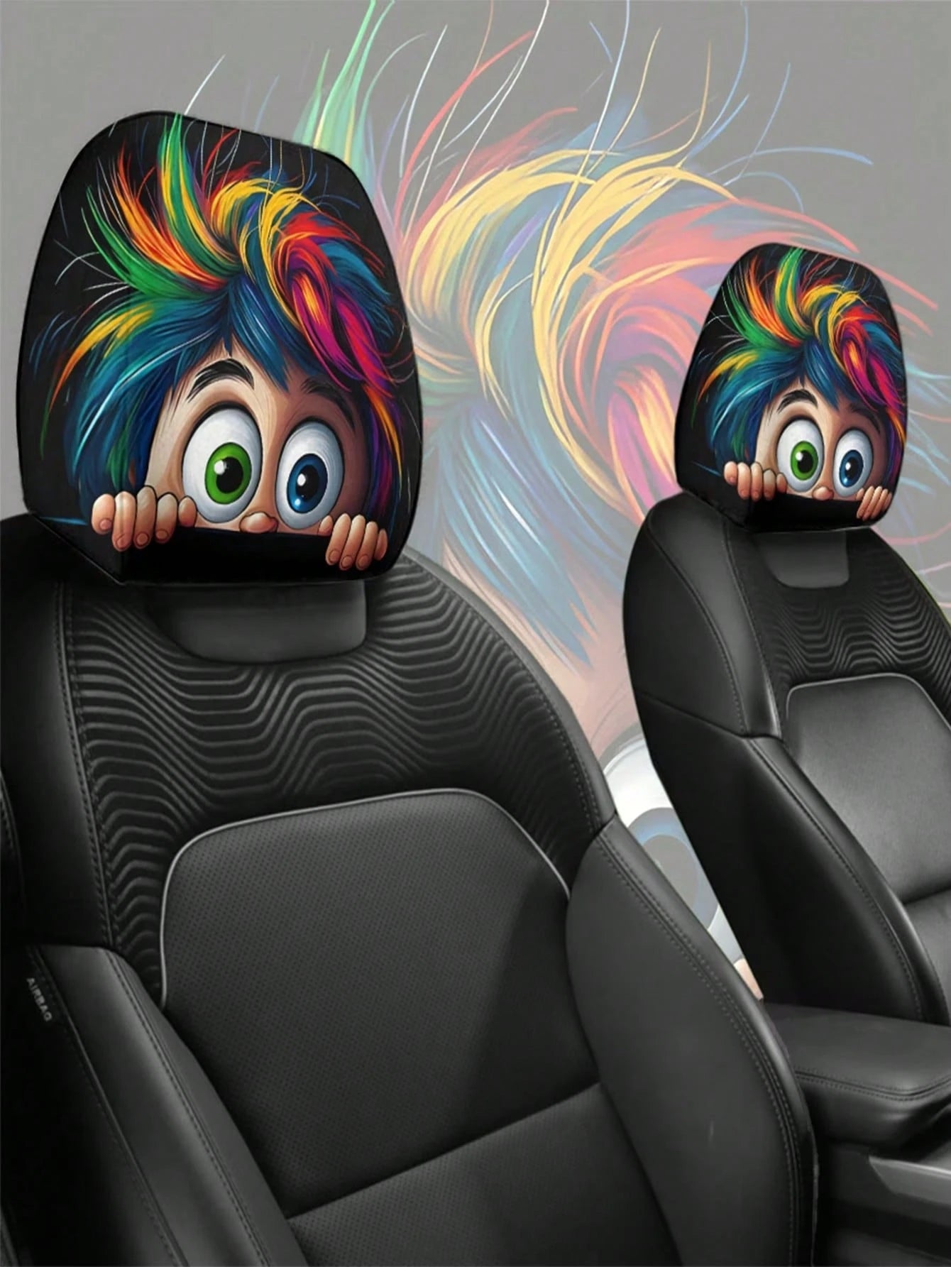 2 Pieces Of Colorful, Spiky, Bigeyedcutepatternedcarheadrestcovers.Theseareinteriordecorations For Cars. They Are Made Of Non-Filled Material And Are Easy To Install And Clean. Suitable For Travel And