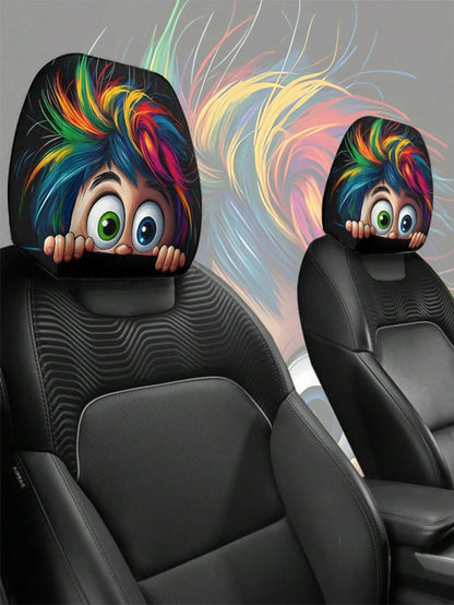2 Pieces Of Colorful, Spiky, Bigeyedcutepatternedcarheadrestcovers.Theseareinteriordecorations For Cars. They Are Made Of Non-Filled Material And Are Easy To Install And Clean. Suitable For Travel And