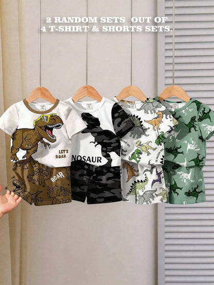 2 Random Sets Of 4pcs Baby Boy Casual Dinosaur Graphic Print T-Shirt And Shorts Sets, Suitable For Spring/Summer