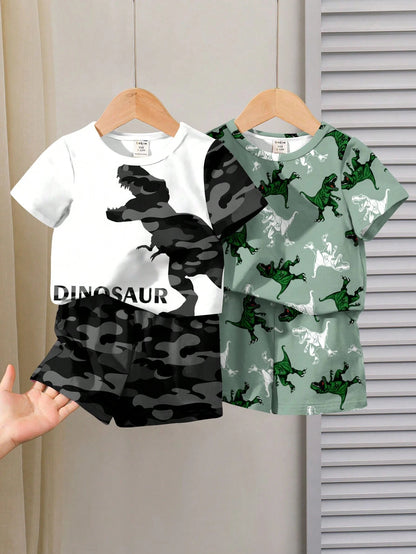 2 Random Sets Of 4pcs Baby Boy Casual Dinosaur Graphic Print T-Shirt And Shorts Sets, Suitable For Spring/Summer
