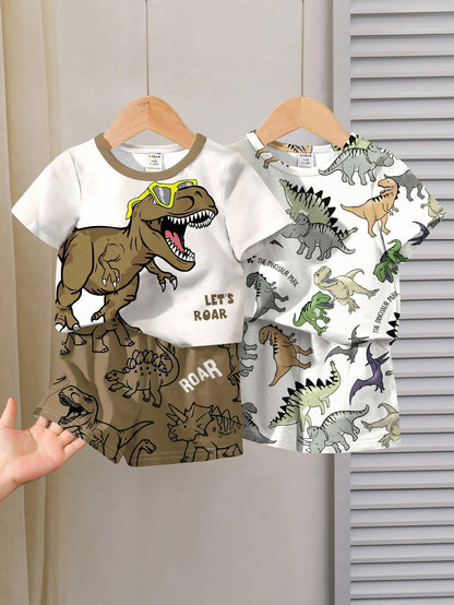 2 Random Sets Of 4pcs Baby Boy Casual Dinosaur Graphic Print T-Shirt And Shorts Sets, Suitable For Spring/Summer