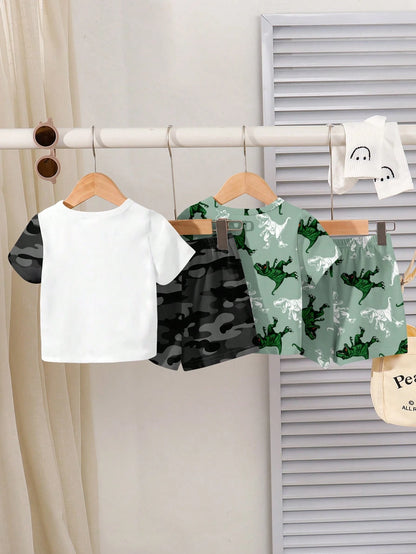 2 Random Sets Of 4pcs Baby Boy Casual Dinosaur Graphic Print T-Shirt And Shorts Sets, Suitable For Spring/Summer
