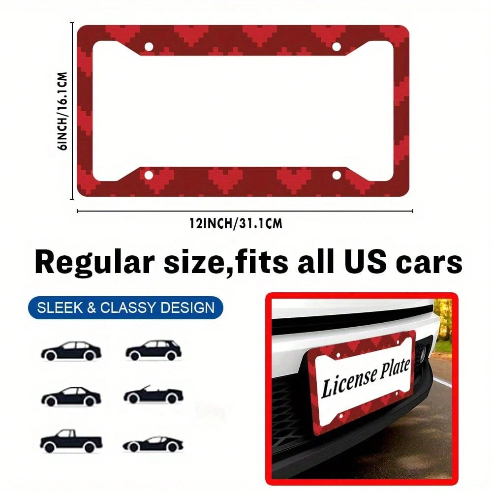 2 Red And White Heart-Shaped Aluminum License Plate Frames, 6x12inch, Vintage And Novel Car Decoration, With Screws, Suitable For Canadian And Mexican Standards, Decorative License Plate Frame| Hea