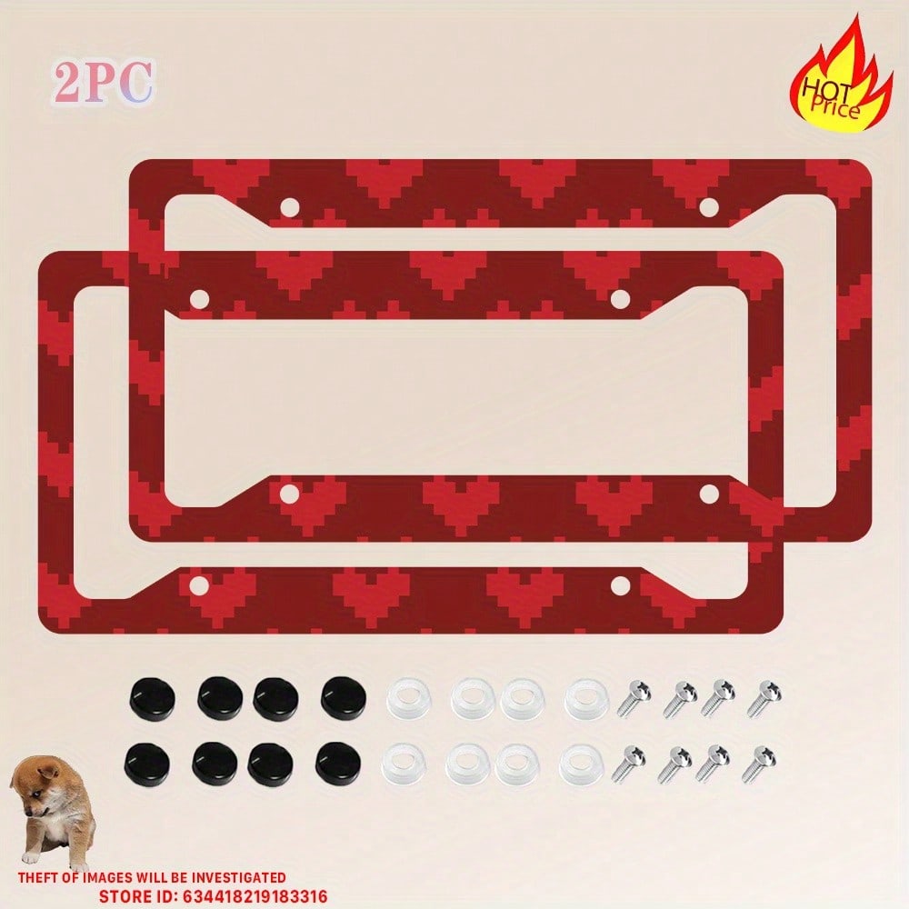 2 Red And White Heart-Shaped Aluminum License Plate Frames, 6x12inch, Vintage And Novel Car Decoration, With Screws, Suitable For Canadian And Mexican Standards, Decorative License Plate Frame| Hea