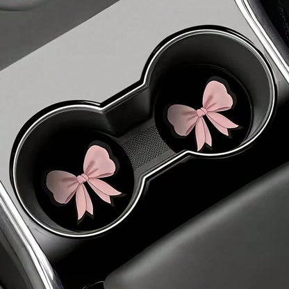 2 Sets Of Pink Bow-Shaped Car Cup Holders, Made Of Silicone, Leak-Proof, For Car Interior Decoration