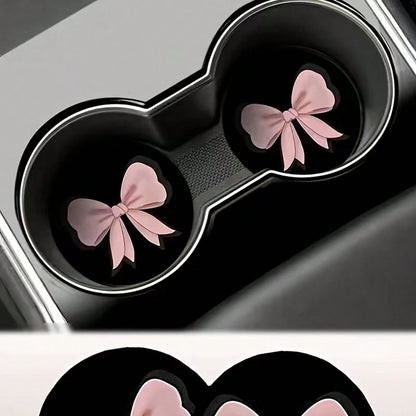2 Sets Of Pink Bow-Shaped Car Cup Holders, Made Of Silicone, Leak-Proof, For Car Interior Decoration