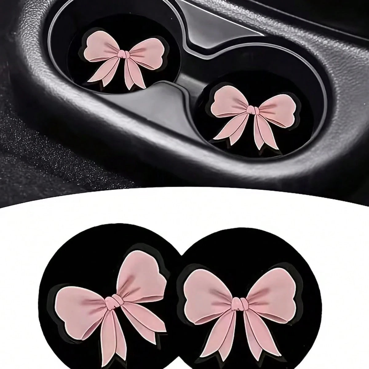 2 Sets Of Pink Bow-Shaped Car Cup Holders, Made Of Silicone, Leak-Proof, For Car Interior Decoration