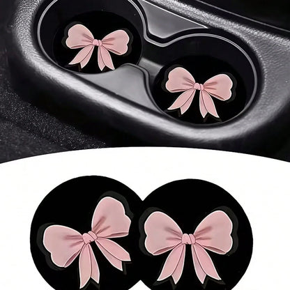 2 Sets Of Pink Bow-Shaped Car Cup Holders, Made Of Silicone, Leak-Proof, For Car Interior Decoration