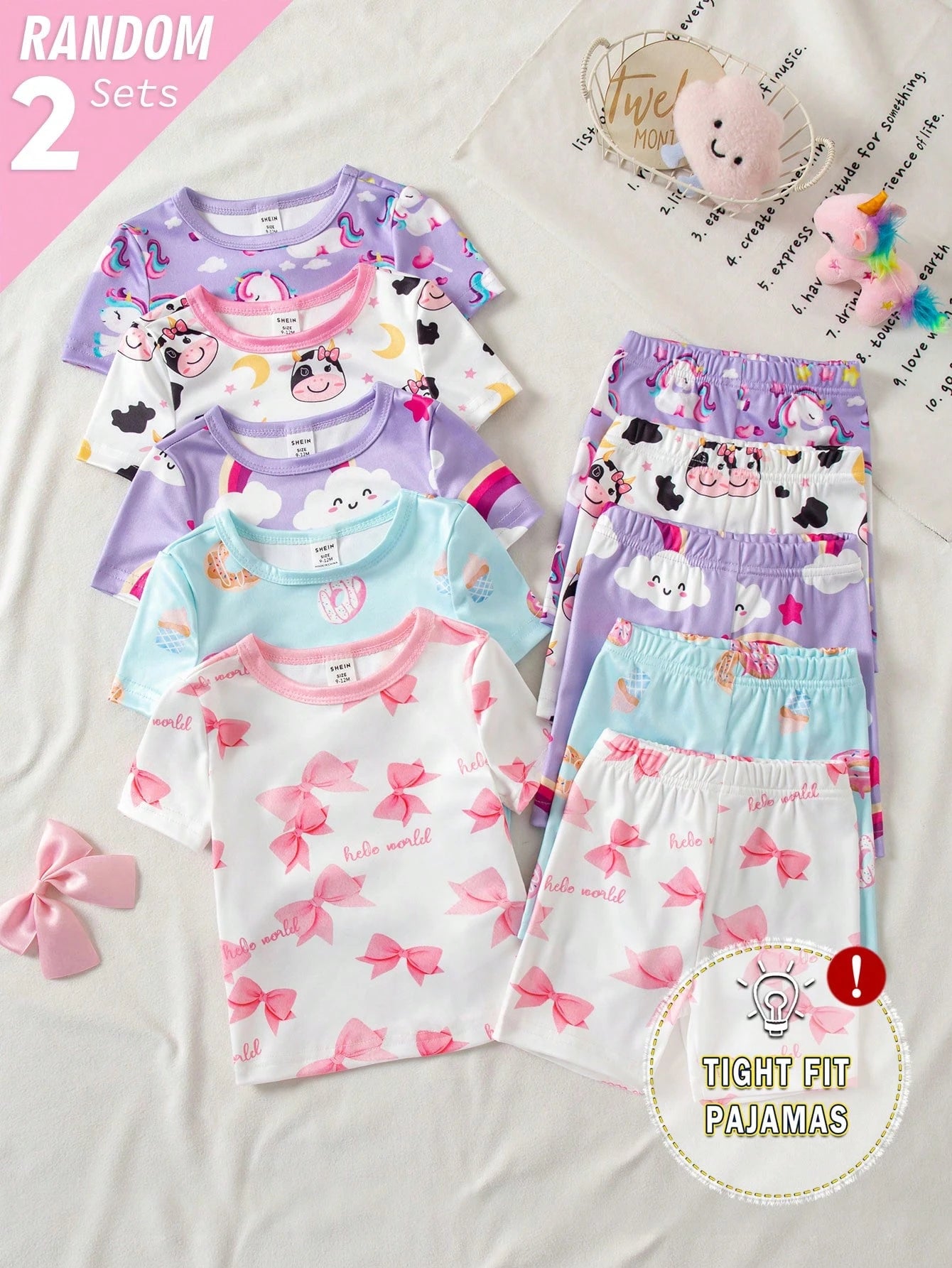 2 Sets Random Baby Girls Toddler Pajamas Set,Summer Cute Holiday Light Blue And White Unicorn Rainbow Cow Print Short Sleeve Shorts Snug Fit Sleepwear