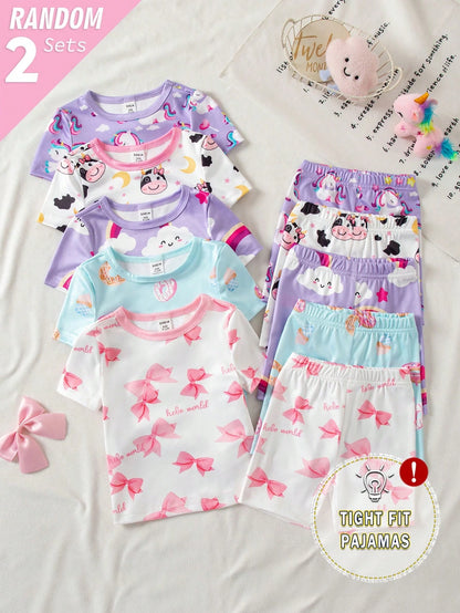2 Sets Random Baby Girls Toddler Pajamas Set,Summer Cute Holiday Light Blue And White Unicorn Rainbow Cow Print Short Sleeve Shorts Snug Fit Sleepwear