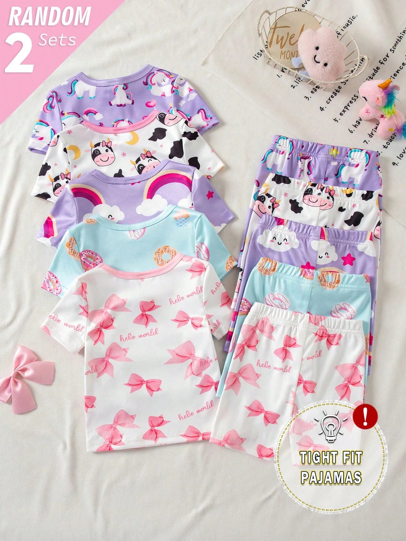 2 Sets Random Baby Girls Toddler Pajamas Set,Summer Cute Holiday Light Blue And White Unicorn Rainbow Cow Print Short Sleeve Shorts Snug Fit Sleepwear