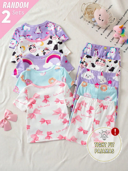 2 Sets Random Baby Girls Toddler Pajamas Set,Summer Cute Holiday Light Blue And White Unicorn Rainbow Cow Print Short Sleeve Shorts Snug Fit Sleepwear
