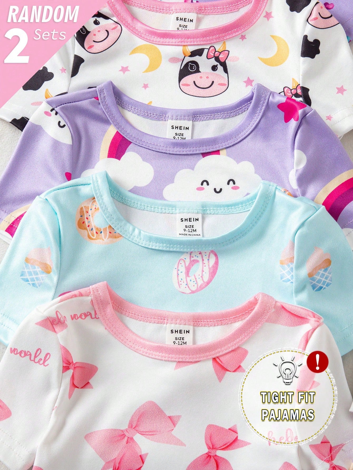 2 Sets Random Baby Girls Toddler Pajamas Set,Summer Cute Holiday Light Blue And White Unicorn Rainbow Cow Print Short Sleeve Shorts Snug Fit Sleepwear