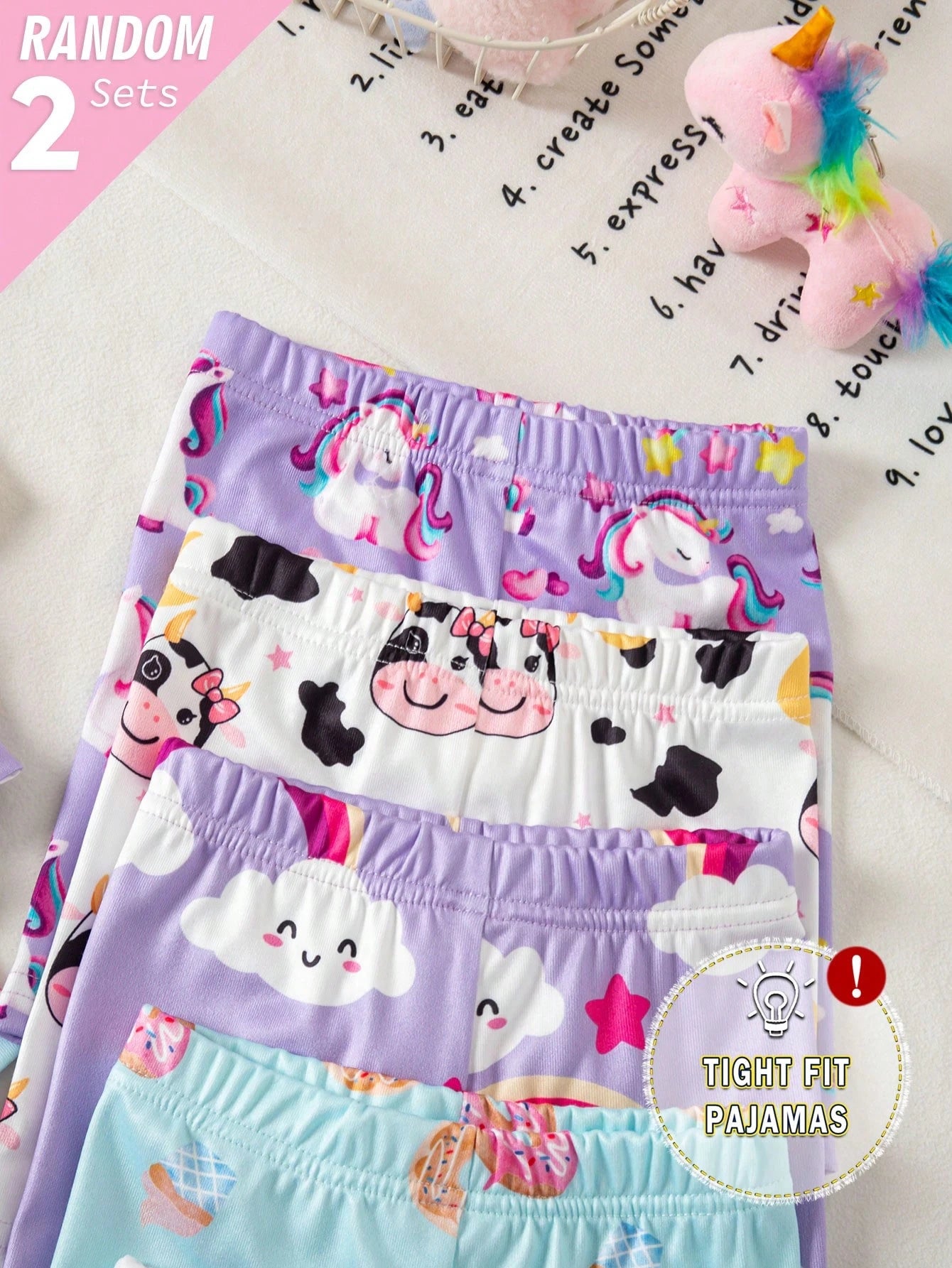 2 Sets Random Baby Girls Toddler Pajamas Set,Summer Cute Holiday Light Blue And White Unicorn Rainbow Cow Print Short Sleeve Shorts Snug Fit Sleepwear