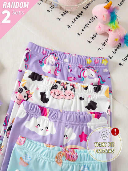 2 Sets Random Baby Girls Toddler Pajamas Set,Summer Cute Holiday Light Blue And White Unicorn Rainbow Cow Print Short Sleeve Shorts Snug Fit Sleepwear